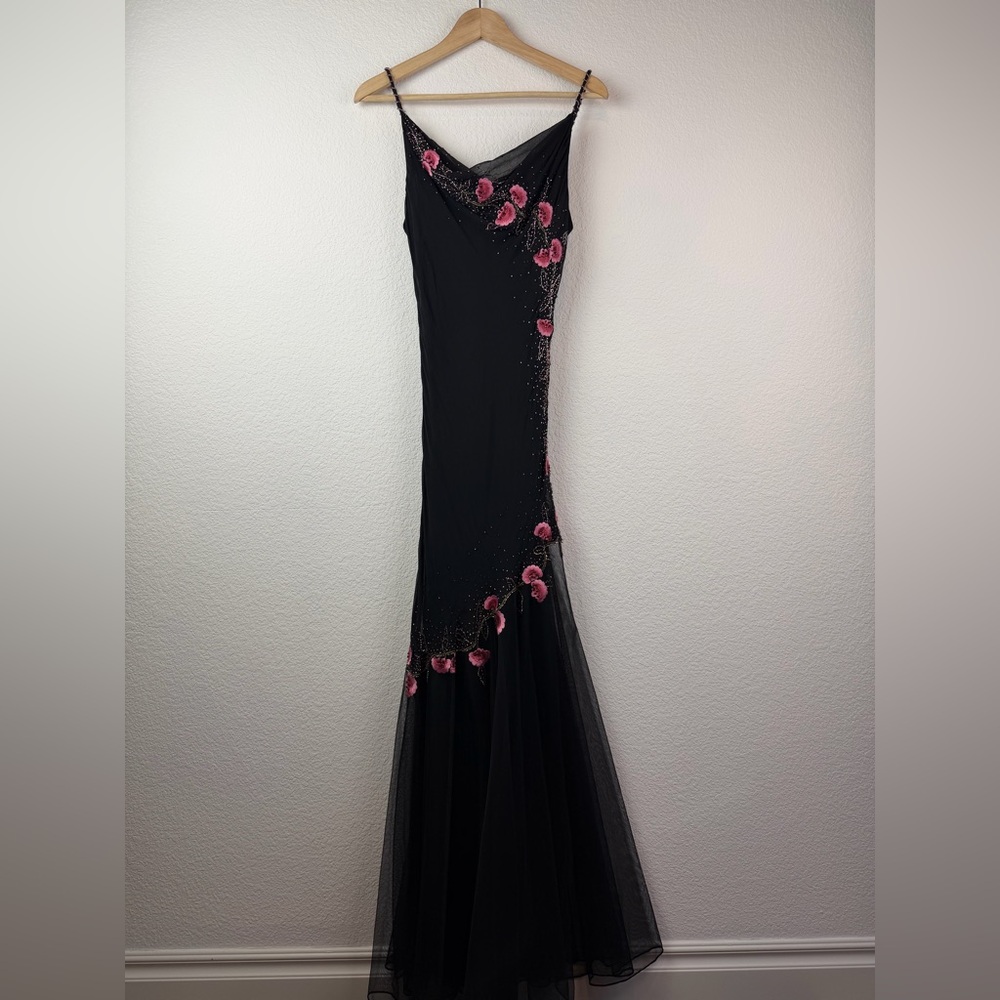 90s Y2K Xscape Silk Mesh Beaded Embroidered Bias Cut Whimsigoth Fairy Dress